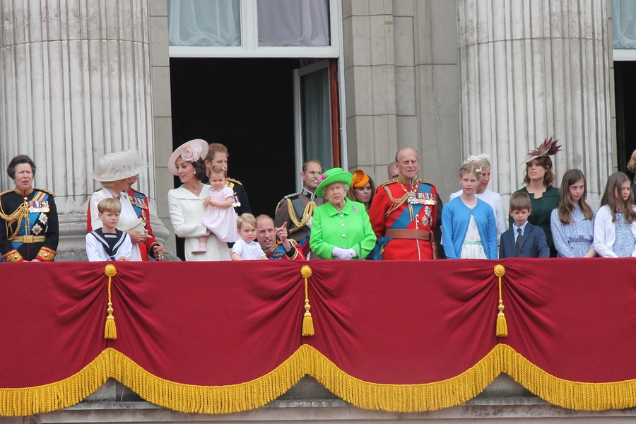 Westminster, London, ENGLAND - June 11, 2016: The British Royal family appear on the Balcony of Buckingham Palace during the trooping of the colour for Queen Elizabeth's 90th Birthday.