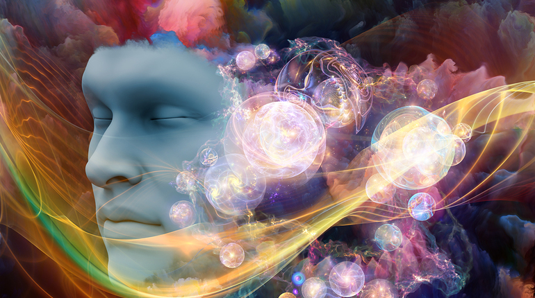 Dream Wave series. Arrangement of human face and colorful fractal clouds on the subject of dreams mind spirituality imagination and inner world